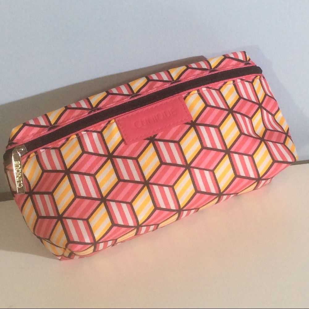 Clinique Geometric Square Cube Pink Yellow Rectangular Cosmetic Case Storage Bag - Picture 1 of 6
